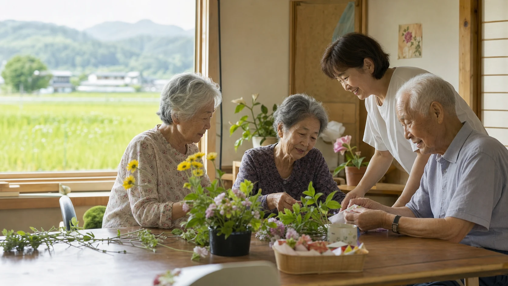 明るい木の部屋で、季節の花を囲みながら穏やかに過ごす高齢者と支援スタッフのイメージ